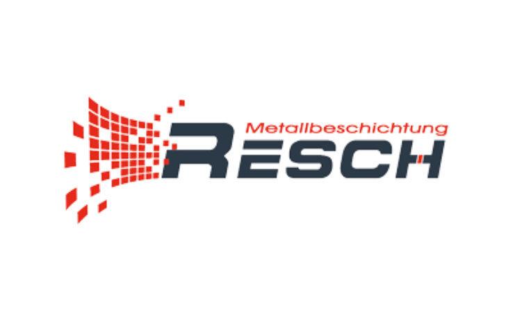 Logo der Firma Resch für Metallbeschichtung in blauer Schrift mit roten grafischen Elementen.