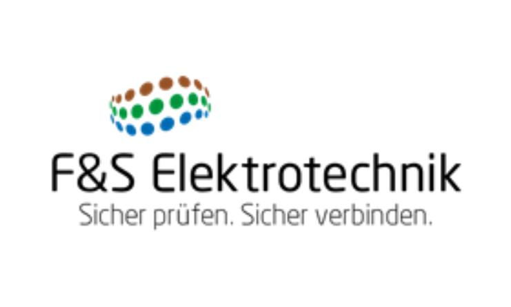 Logo von F&S Elektrotechnik mit dem Slogan „Sicher prüfen. Sicher verbinden.“ auf weißem Hintergrund.